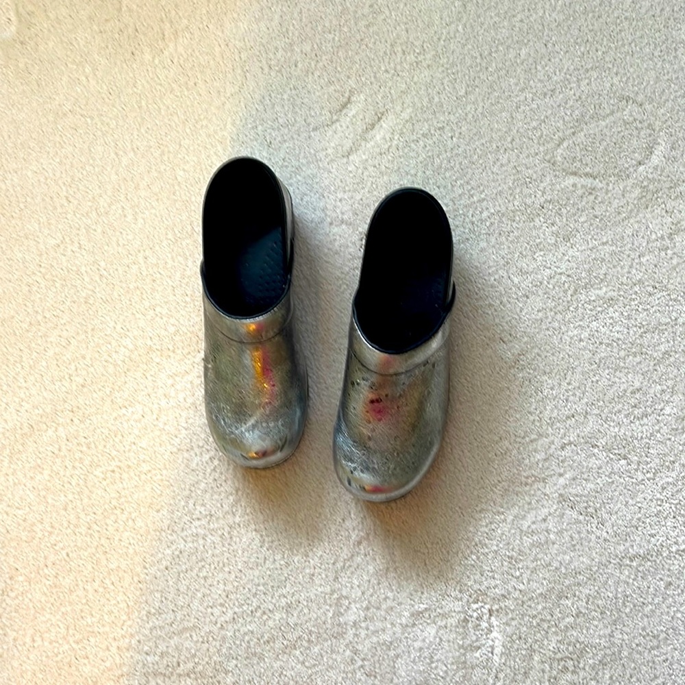 Silver Sanita clogs size 38.